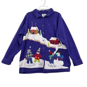 Quacker Factory Shirt Jacket L Purple Fleece Winter Scene Button Shacket VTG